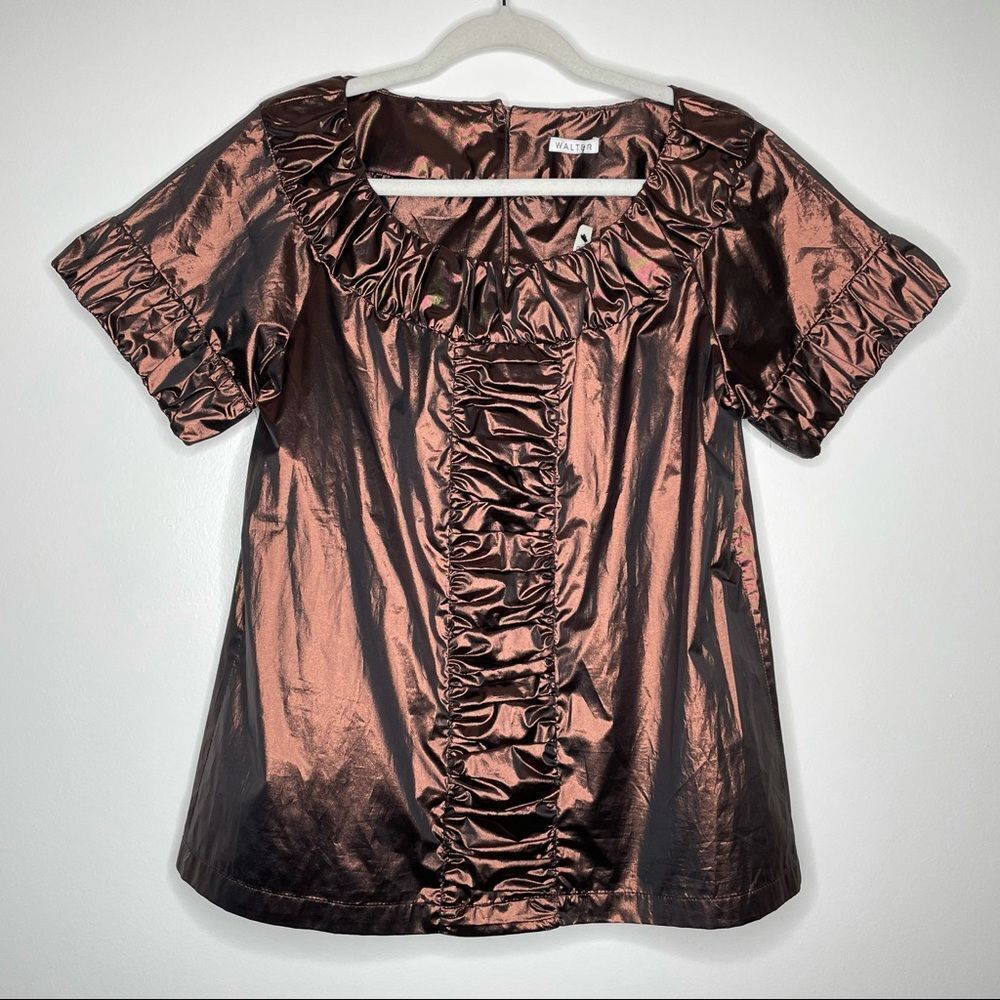 Walter Brown Metallic Ruffle Short Sleeve Blouse Top